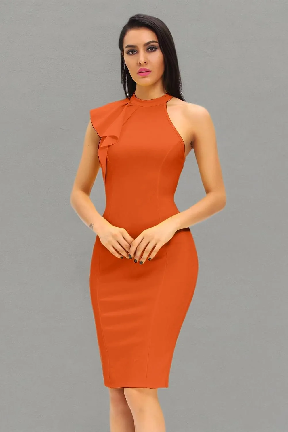 Women's Fashion Ruffle One Shoulder Sleeveless Midi Bodycon Cocktail Party Dress
