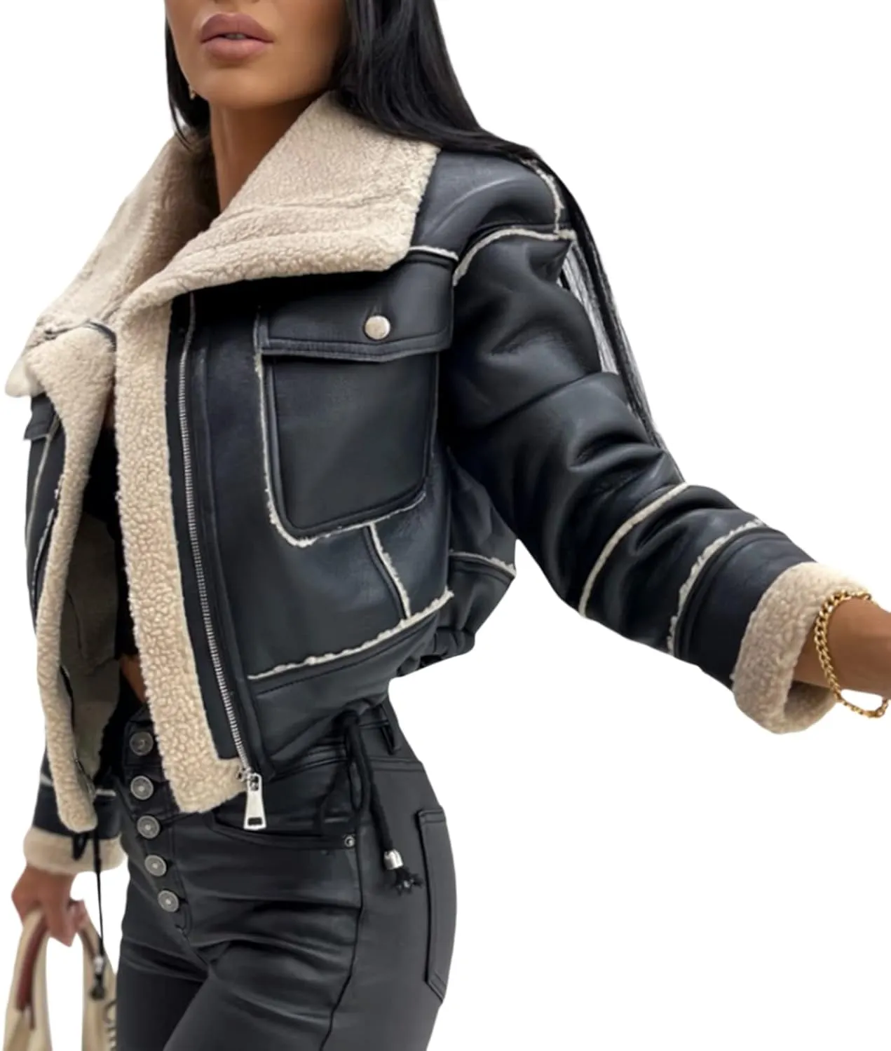 Women's Faux Leather Jacket Cropped Sherpa Fleece Winter Shearling Coat Lapel Zip Up Outwear with Pockets