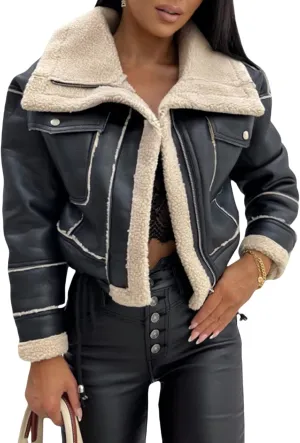 Women's Faux Leather Jacket Cropped Sherpa Fleece Winter Shearling Coat Lapel Zip Up Outwear with Pockets