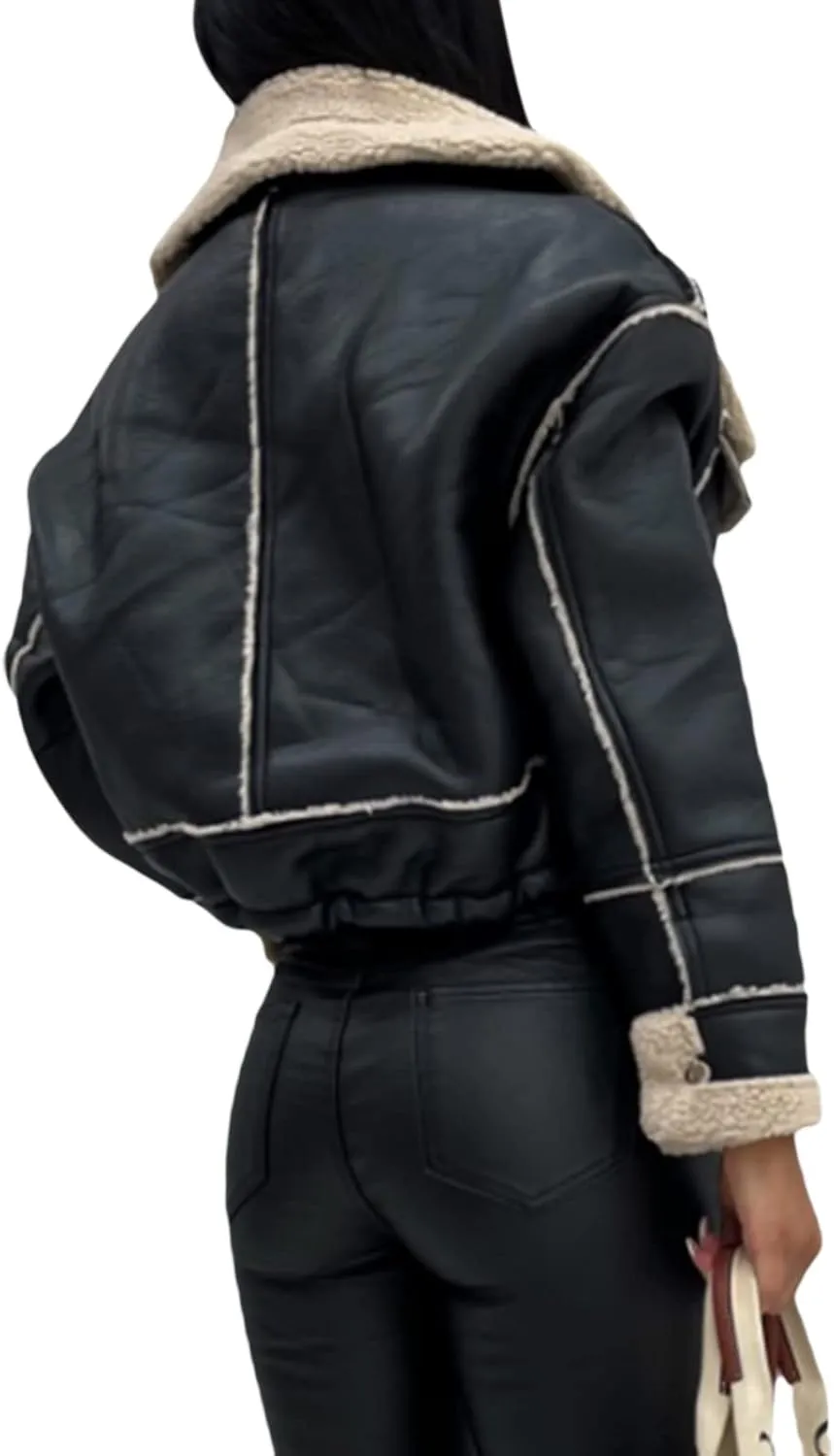 Women's Faux Leather Jacket Cropped Sherpa Fleece Winter Shearling Coat Lapel Zip Up Outwear with Pockets