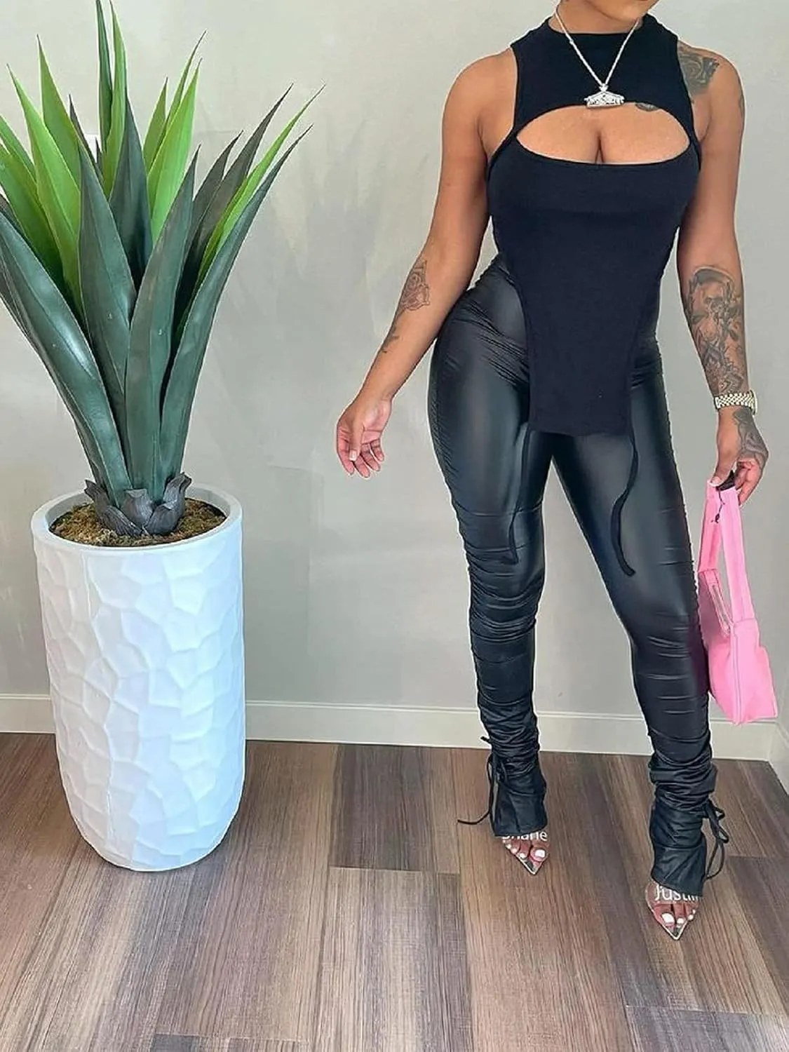 Women's Faux Leather Leggings Pants High Waisted Leather Tight Stacked Pants with Splits