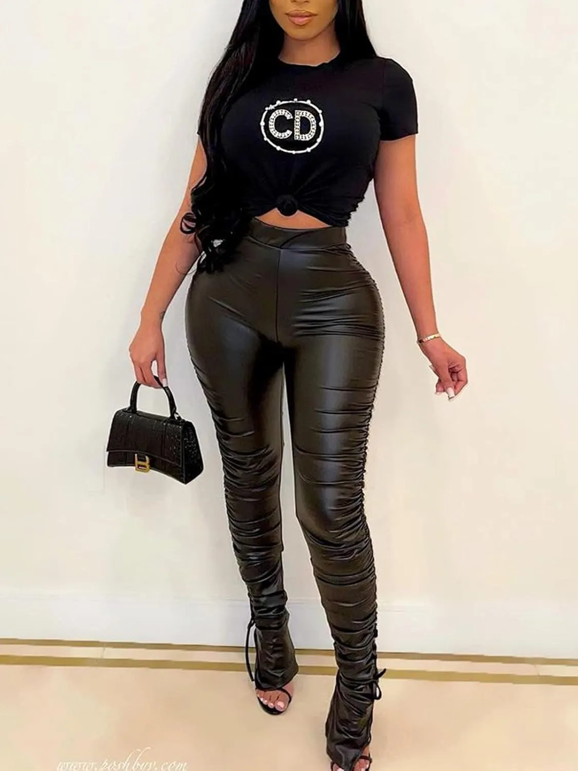 Women's Faux Leather Leggings Pants High Waisted Leather Tight Stacked Pants with Splits
