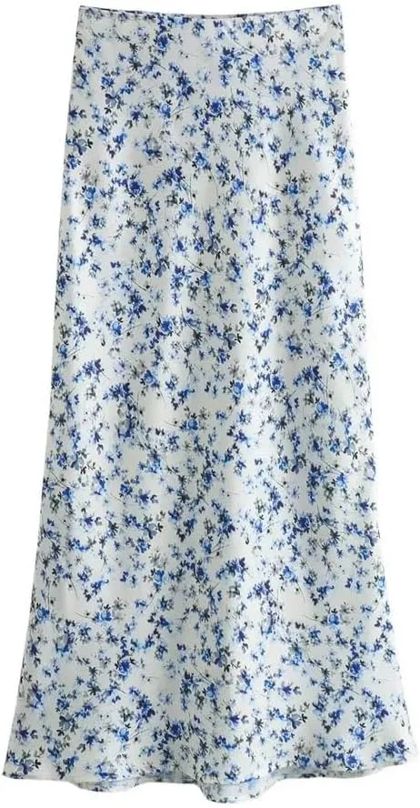Women's Flower Print Satin Skirt Zipper High Waist Long Skirt