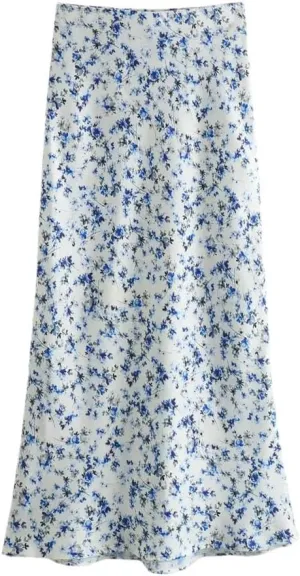 Women's Flower Print Satin Skirt Zipper High Waist Long Skirt