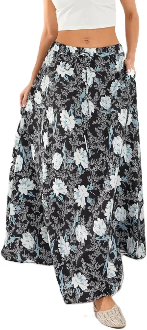 Womens Flowy Maxi Skirt Vintage Floral Print High Waist Elastic A Line Boho Beach Holiday Long Skirts