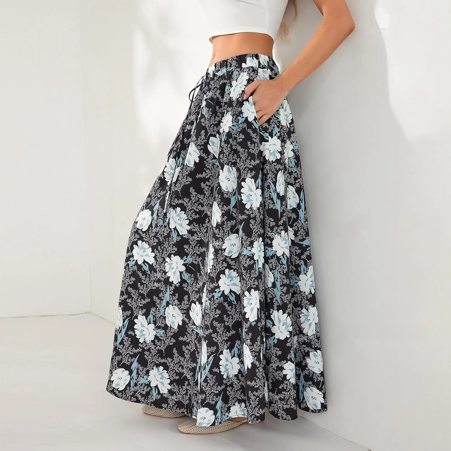 Womens Flowy Maxi Skirt Vintage Floral Print High Waist Elastic A Line Boho Beach Holiday Long Skirts