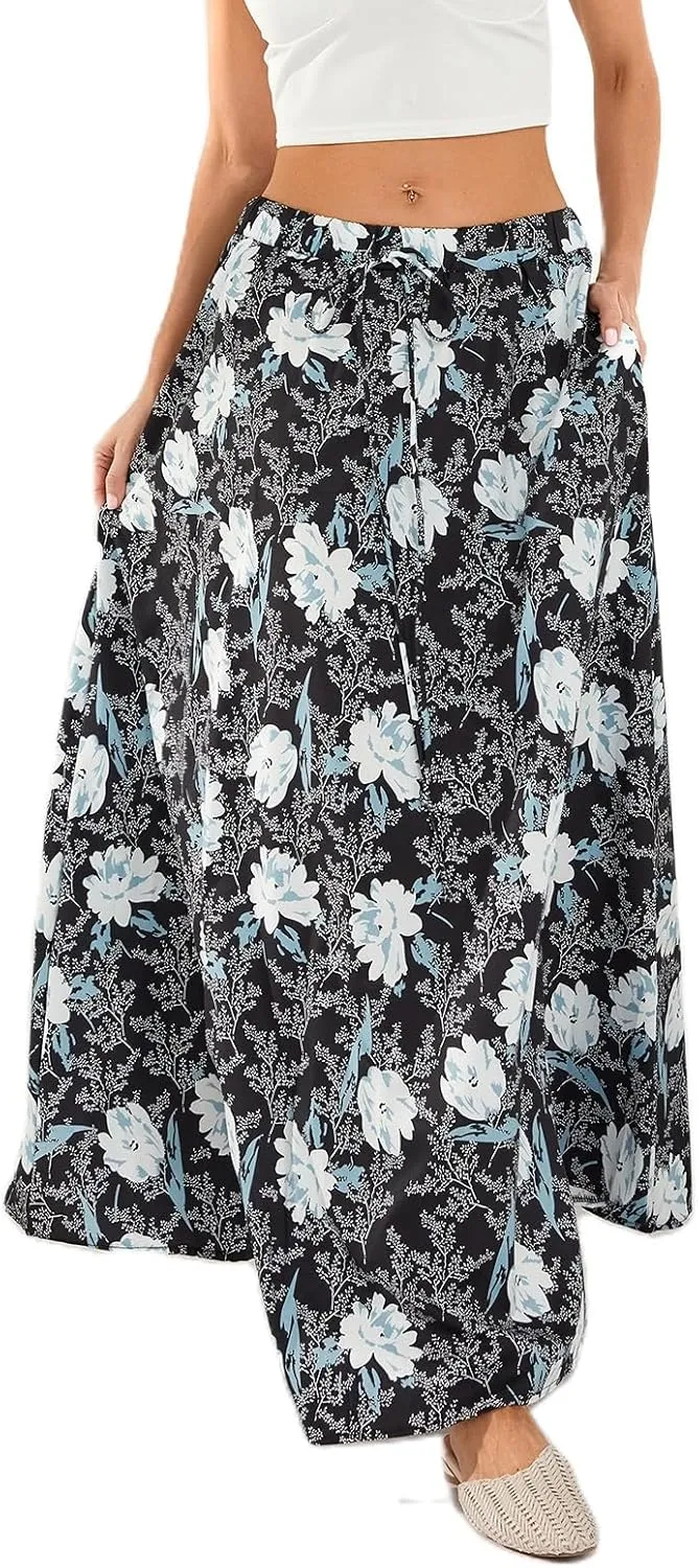 Womens Flowy Maxi Skirt Vintage Floral Print High Waist Elastic A Line Boho Beach Holiday Long Skirts