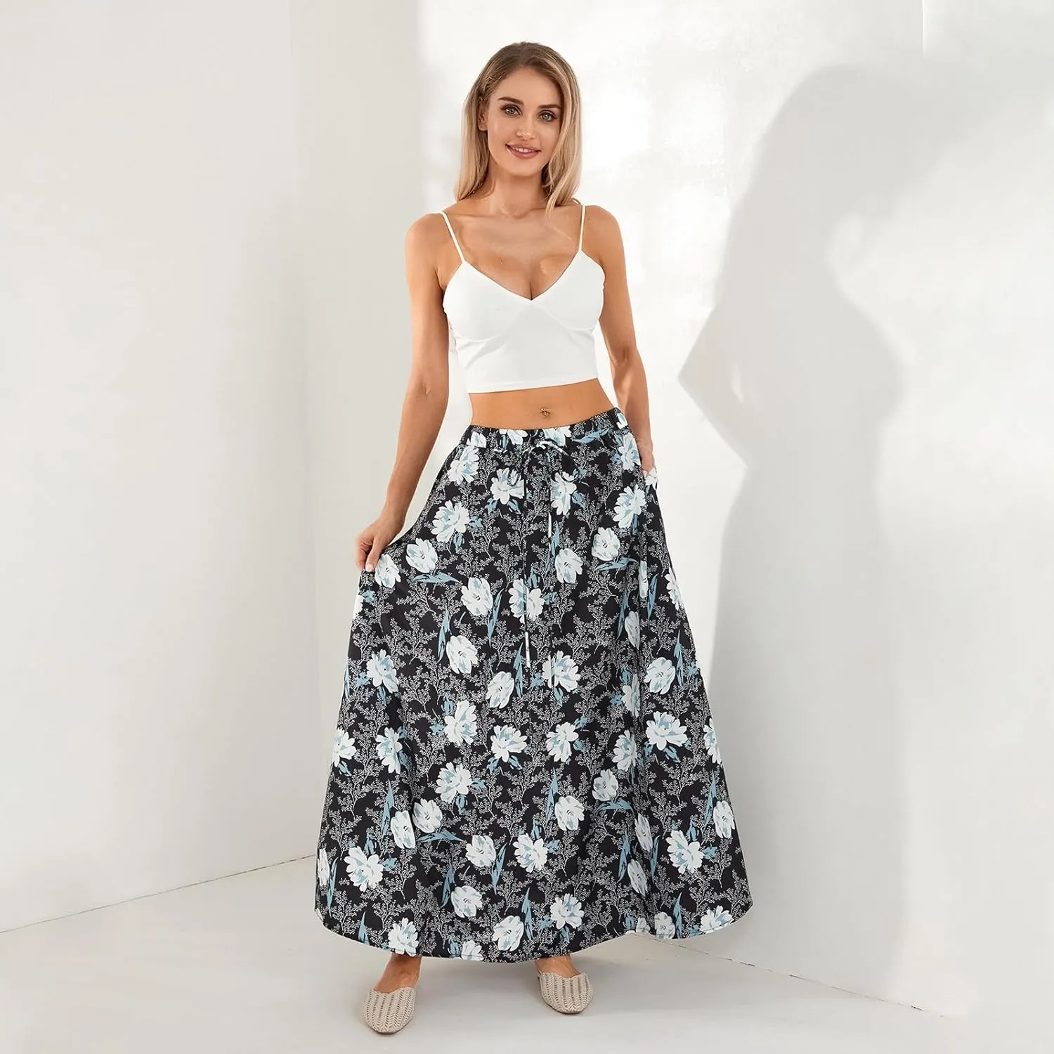 Womens Flowy Maxi Skirt Vintage Floral Print High Waist Elastic A Line Boho Beach Holiday Long Skirts