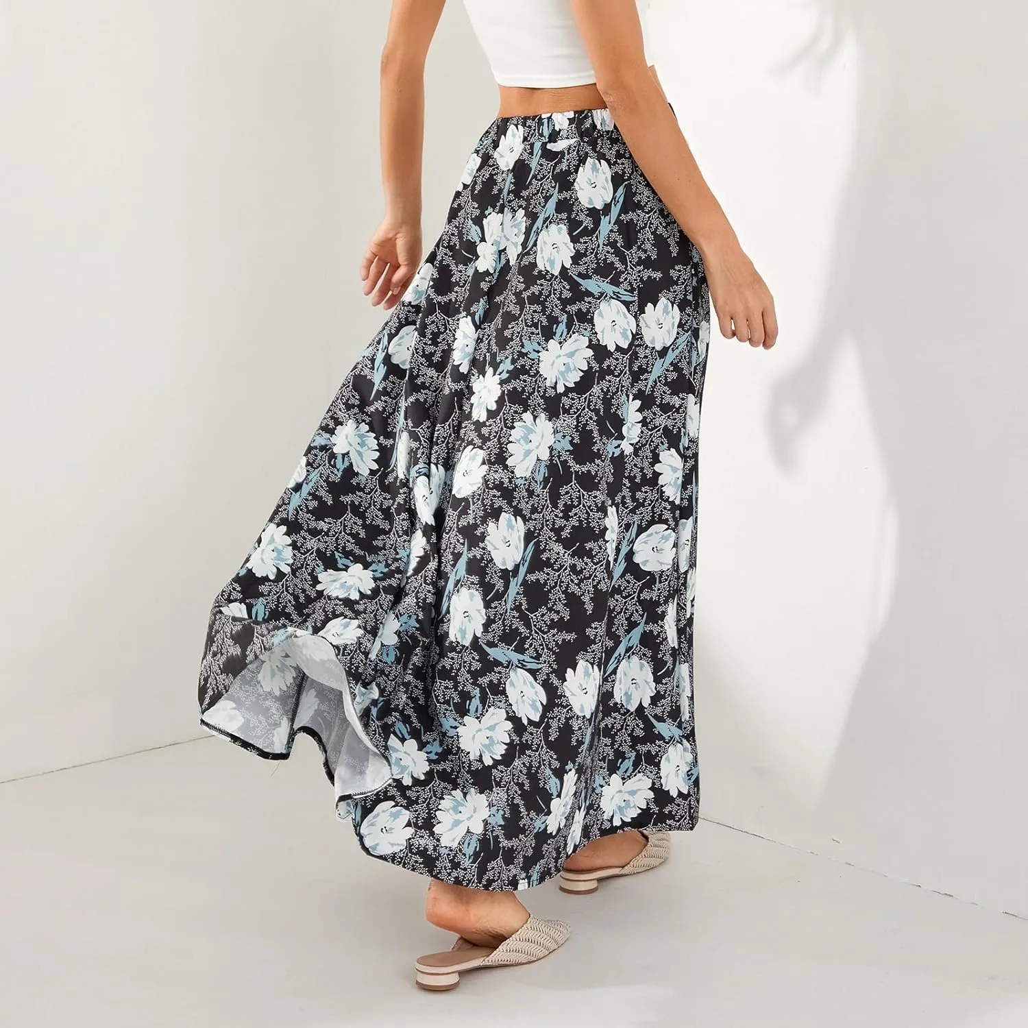 Womens Flowy Maxi Skirt Vintage Floral Print High Waist Elastic A Line Boho Beach Holiday Long Skirts