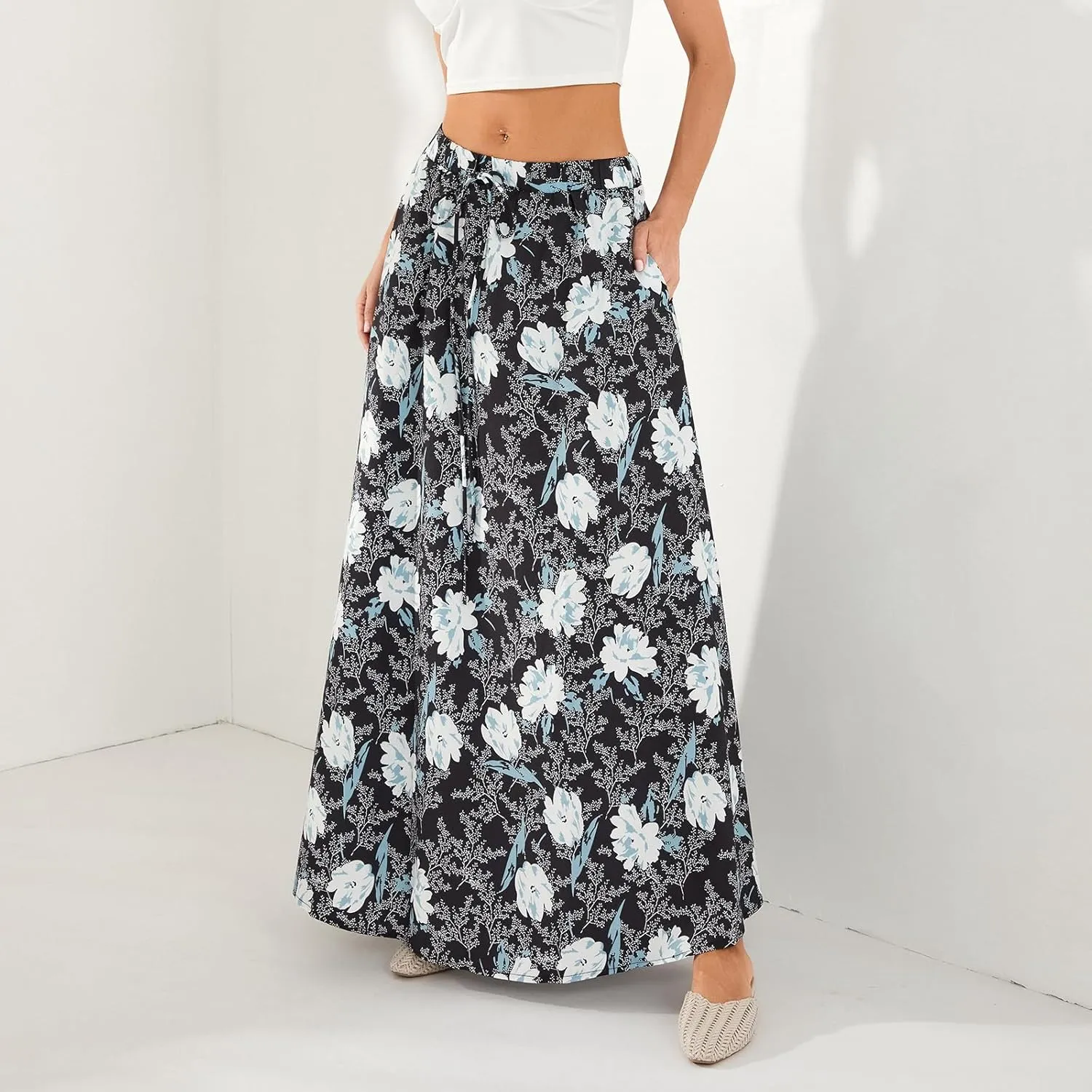 Womens Flowy Maxi Skirt Vintage Floral Print High Waist Elastic A Line Boho Beach Holiday Long Skirts