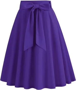 Women's High Waist A-Line Skirt Lace Up Flared Hepburn Midi Skirts Vintage Cocktail Party Swing Knee Length Skirt