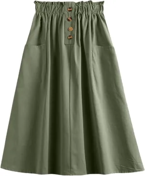 Women's High Waist Button Front Midi Skirt Vintage Elastic Waisted A-Line Pleated Flowy Long Skirts