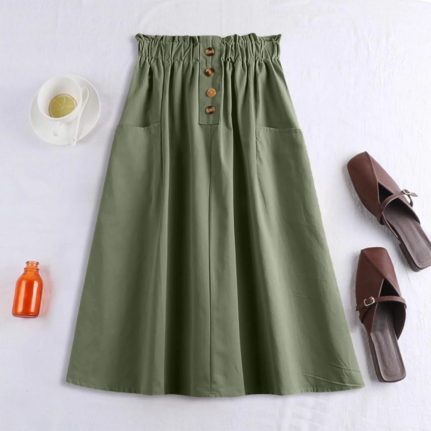 Women's High Waist Button Front Midi Skirt Vintage Elastic Waisted A-Line Pleated Flowy Long Skirts