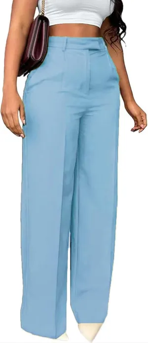Women's High-Waist Straight Leg Suit Pants Business Work Wide Leg Button-Down Pant Office Elastic Sports Trousers