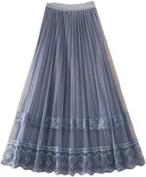 Women's Korean Fashion Lace Gauze Patchwork Pleated Skirt Spring Summer High Waist A-Line Midi Skirts