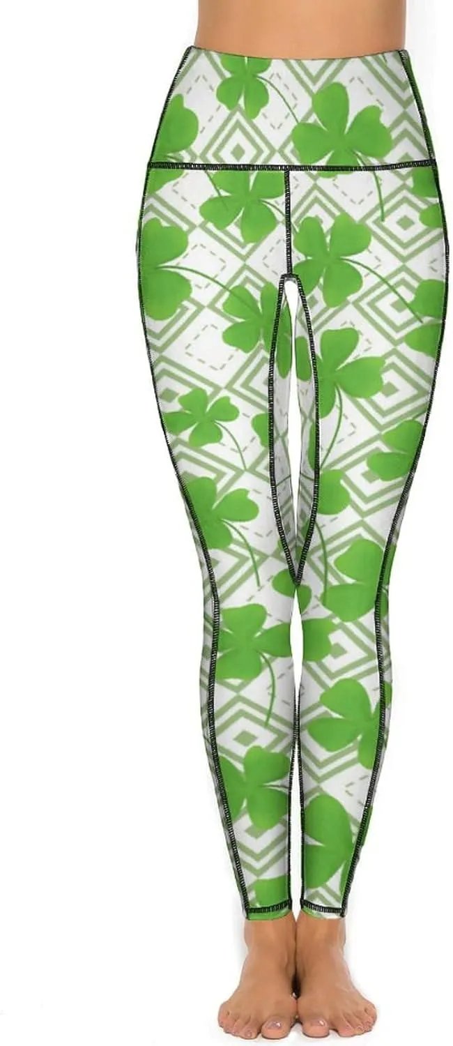 Women's Leggings Yoga Pant High Waisted Sports Trouser Clover Green Athletic Workout Leggings for St Patricks Day Gift