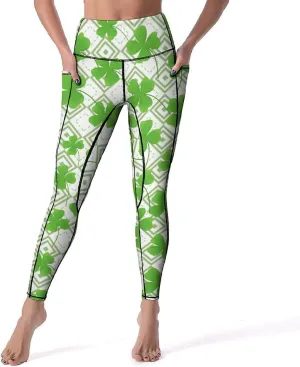 Women's Leggings Yoga Pant High Waisted Sports Trouser Clover Green Athletic Workout Leggings for St Patricks Day Gift