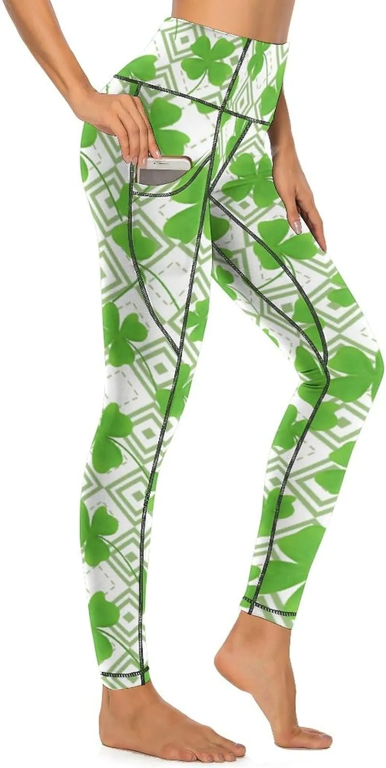 Women's Leggings Yoga Pant High Waisted Sports Trouser Clover Green Athletic Workout Leggings for St Patricks Day Gift