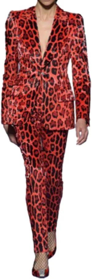 Women's Leopard Velvet Suit One Button Jacket Pants Peak Lapel Groom Homecoming Outfit