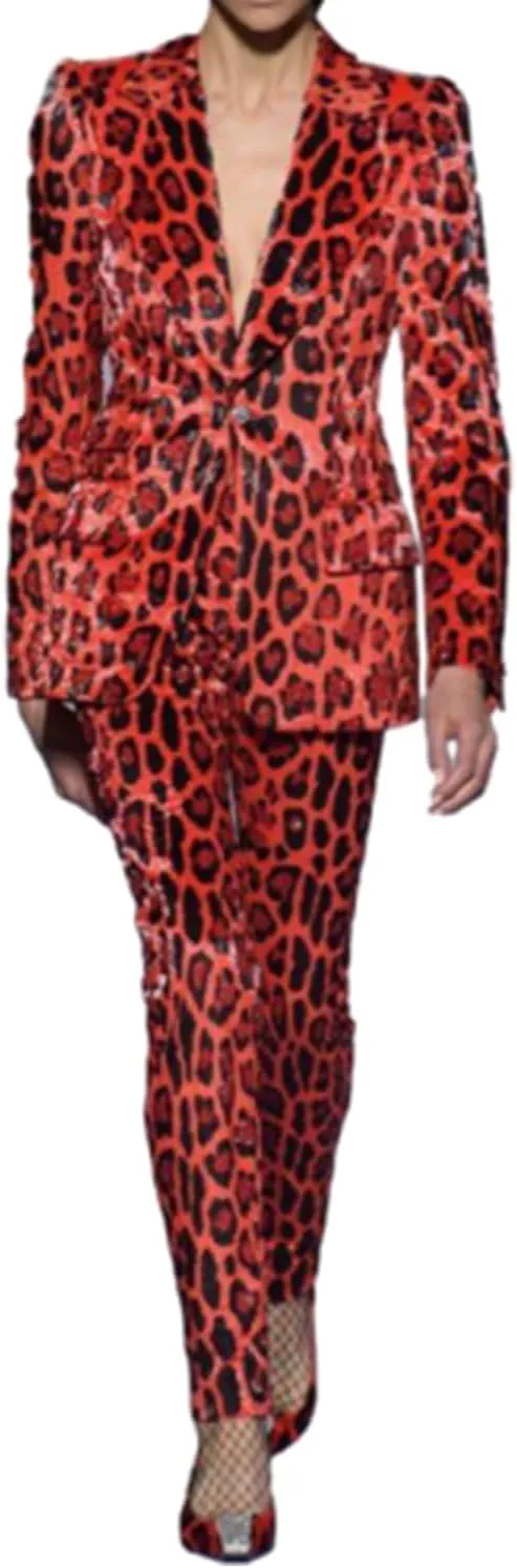 Women's Leopard Velvet Suit One Button Jacket Pants Peak Lapel Groom Homecoming Outfit