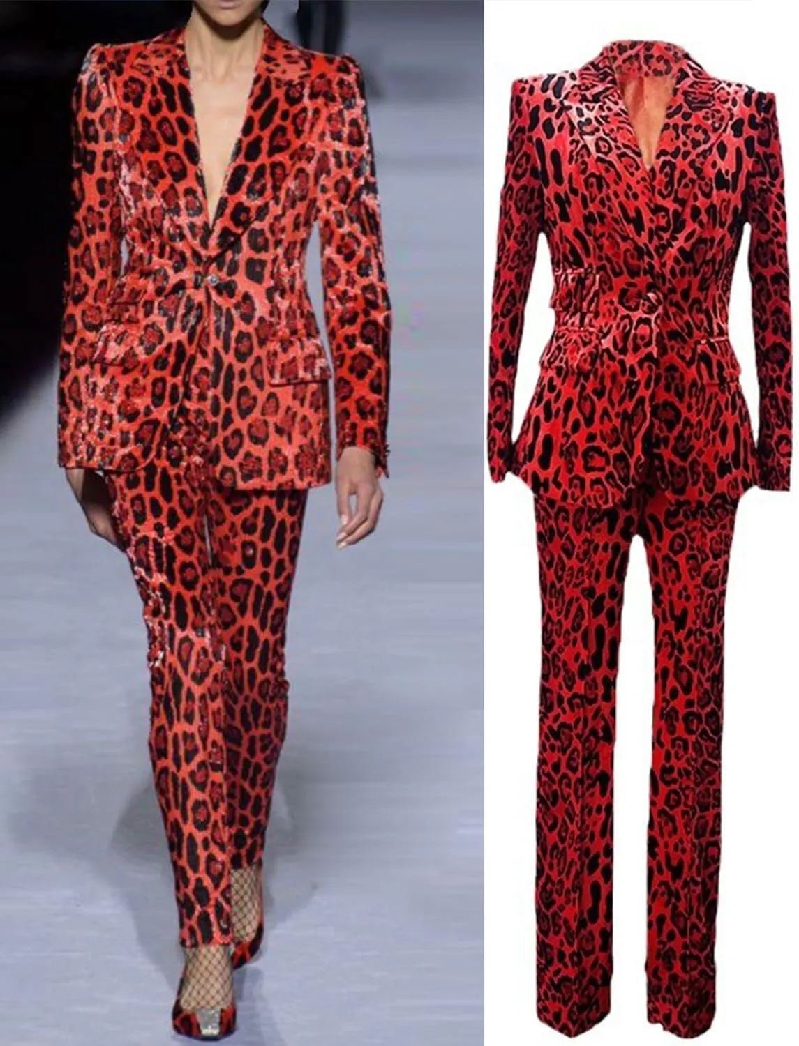 Women's Leopard Velvet Suit One Button Jacket Pants Peak Lapel Groom Homecoming Outfit