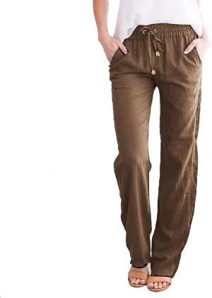 Womens Linen Pants Casual Straight Fit Elastic Waisted Drawsting Trousers Summer Loose Comfy Pants with Pockets