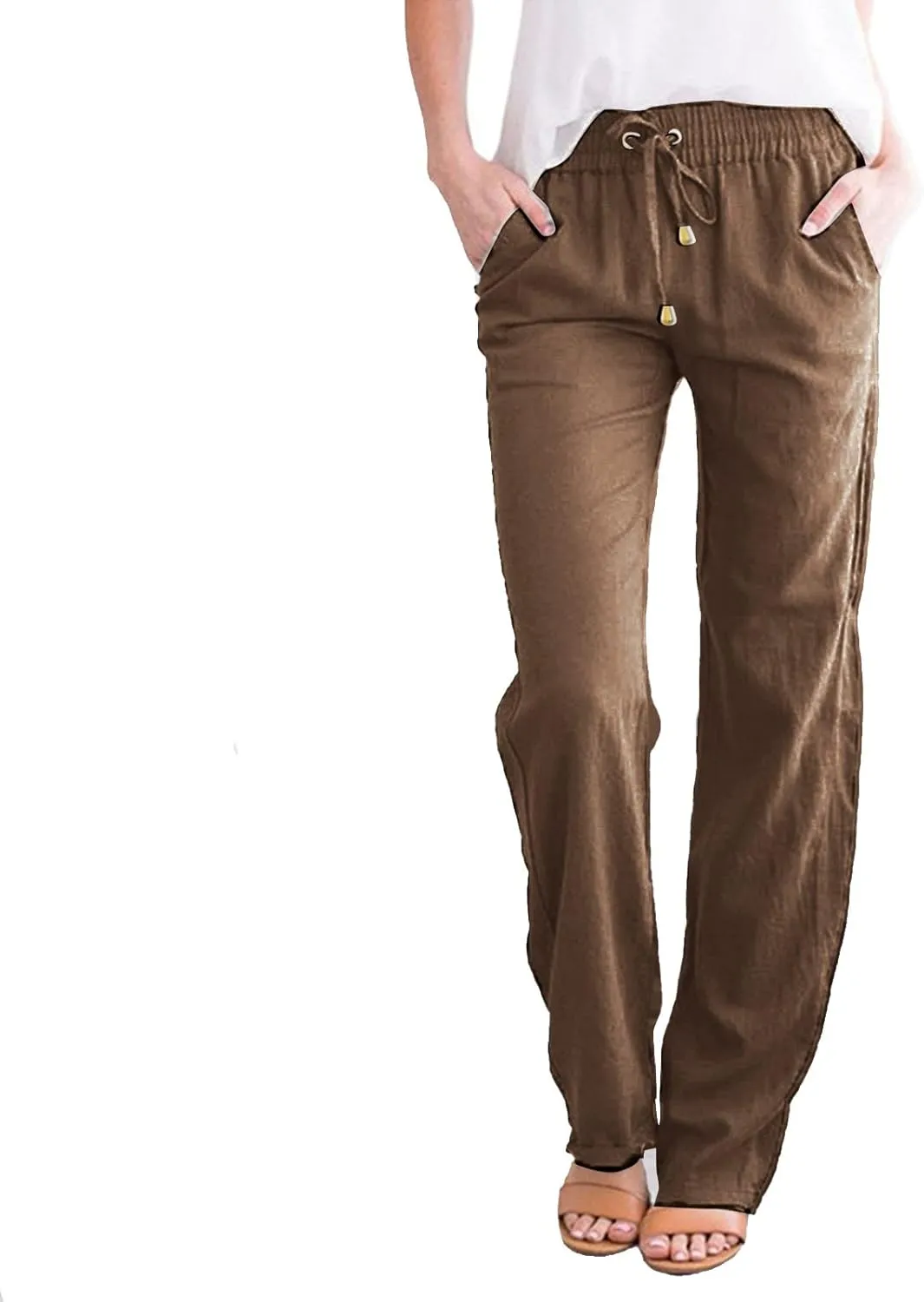 Womens Linen Pants Casual Straight Fit Elastic Waisted Drawsting Trousers Summer Loose Comfy Pants with Pockets