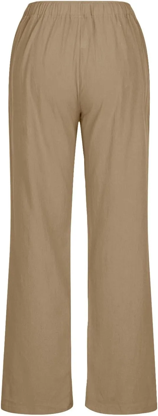 Women's Linen Pants Drawstring High Waist Beach Palazzo Pants Casual Wide Leg Trousers with Pockets Summer Clothes