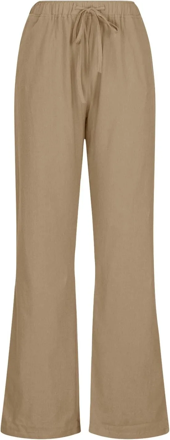 Women's Linen Pants Drawstring High Waist Beach Palazzo Pants Casual Wide Leg Trousers with Pockets Summer Clothes