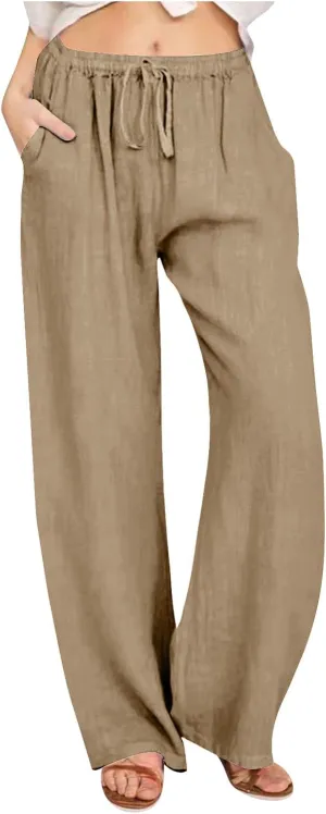 Women's Linen Pants Drawstring High Waist Beach Palazzo Pants Casual Wide Leg Trousers with Pockets Summer Clothes