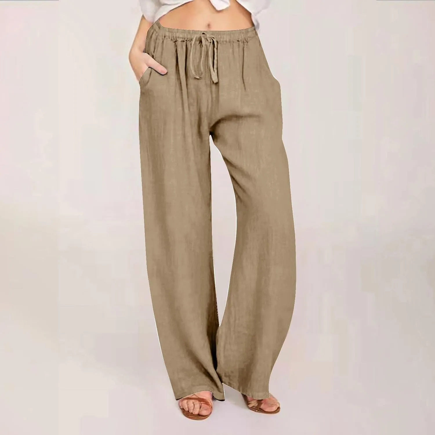 Women's Linen Pants Drawstring High Waist Beach Palazzo Pants Casual Wide Leg Trousers with Pockets Summer Clothes