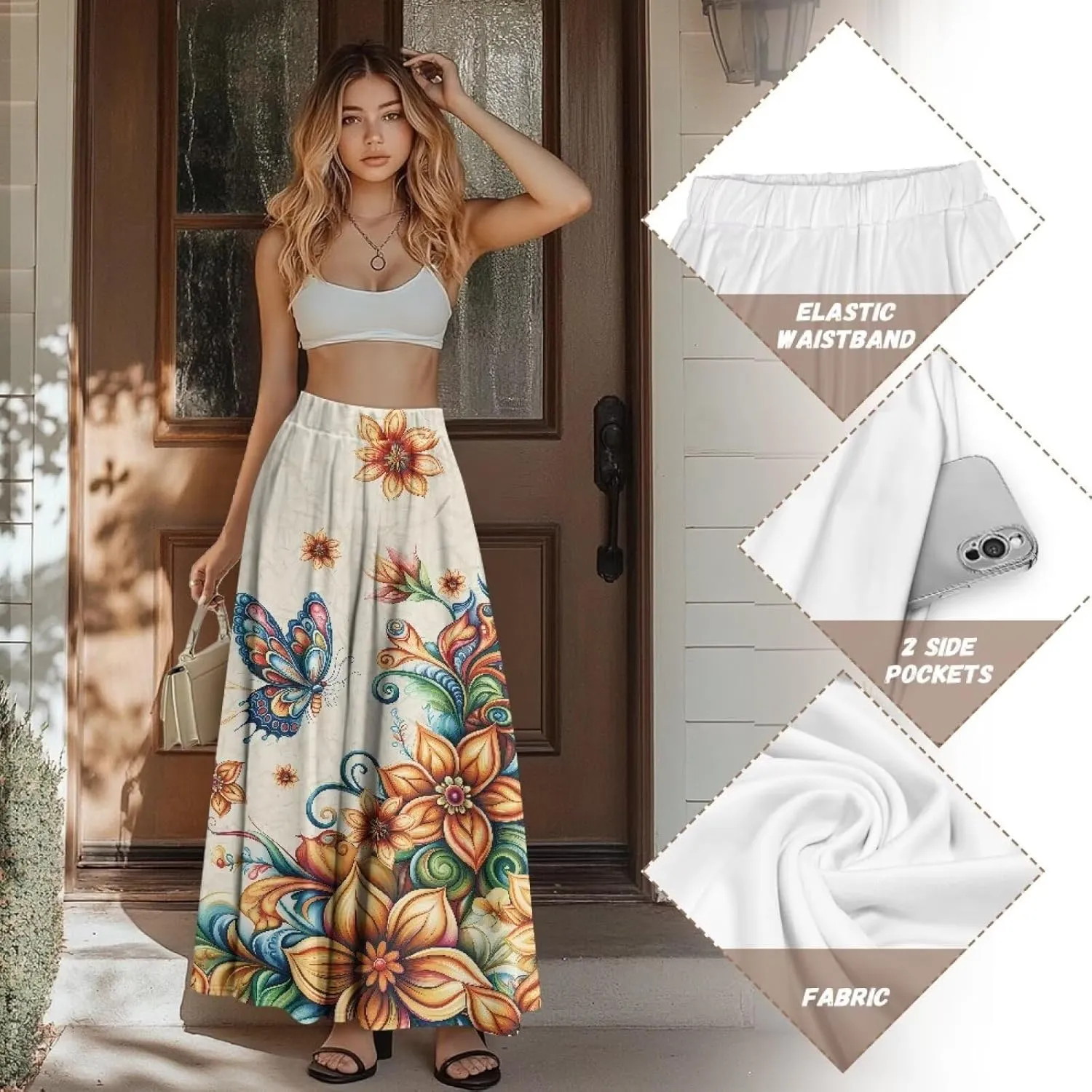 Women's Maxi Skirt Summer Pleated High Waisted Casual Long Skirts with Pockets S M L XL 2XL