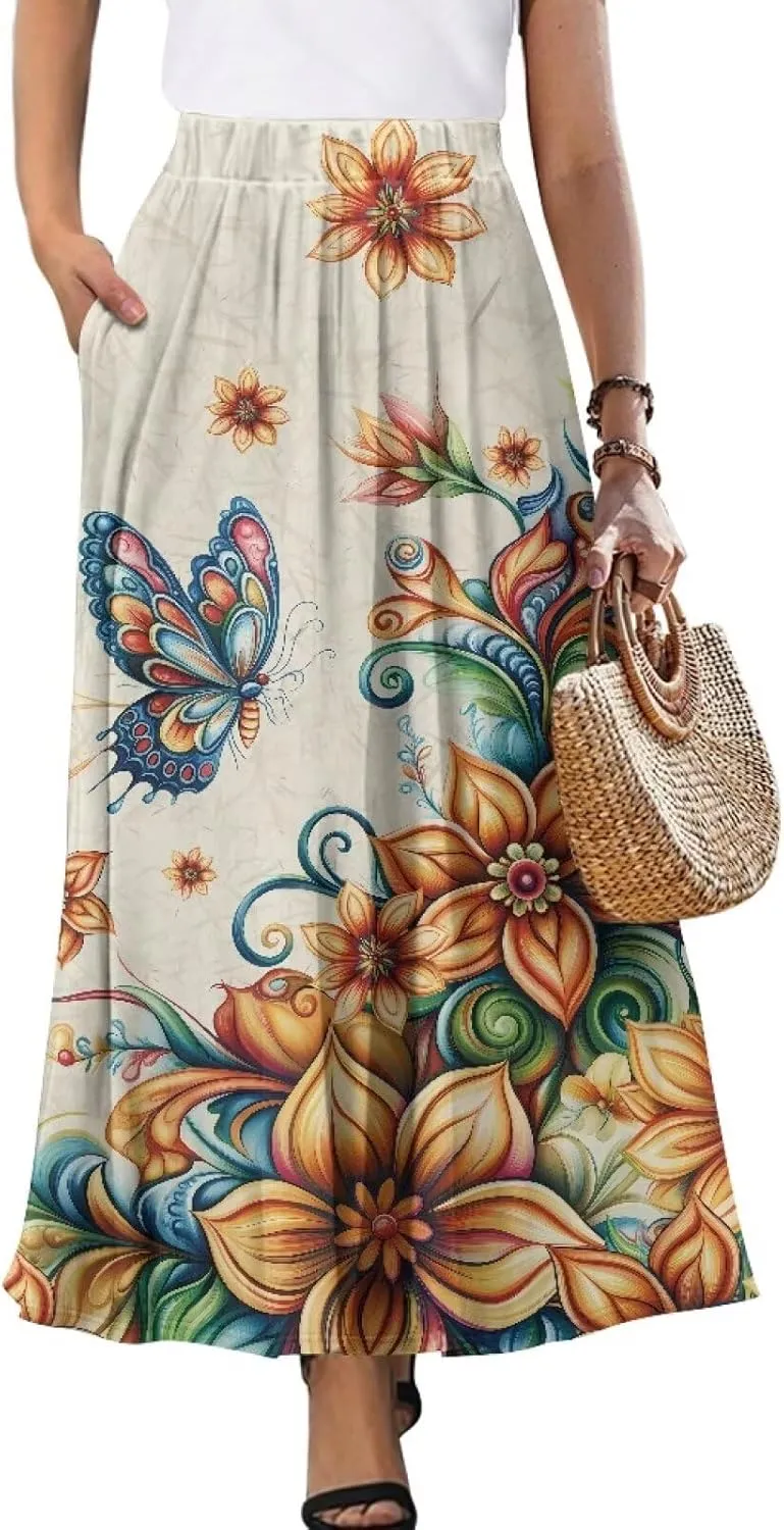 Women's Maxi Skirt Summer Pleated High Waisted Casual Long Skirts with Pockets S M L XL 2XL