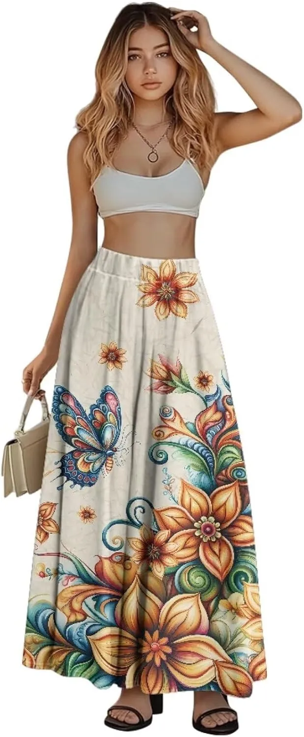 Women's Maxi Skirt Summer Pleated High Waisted Casual Long Skirts with Pockets S M L XL 2XL