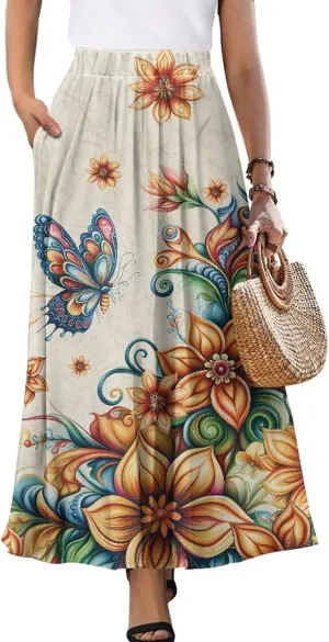 Women's Maxi Skirt Summer Pleated High Waisted Casual Long Skirts with Pockets S M L XL 2XL