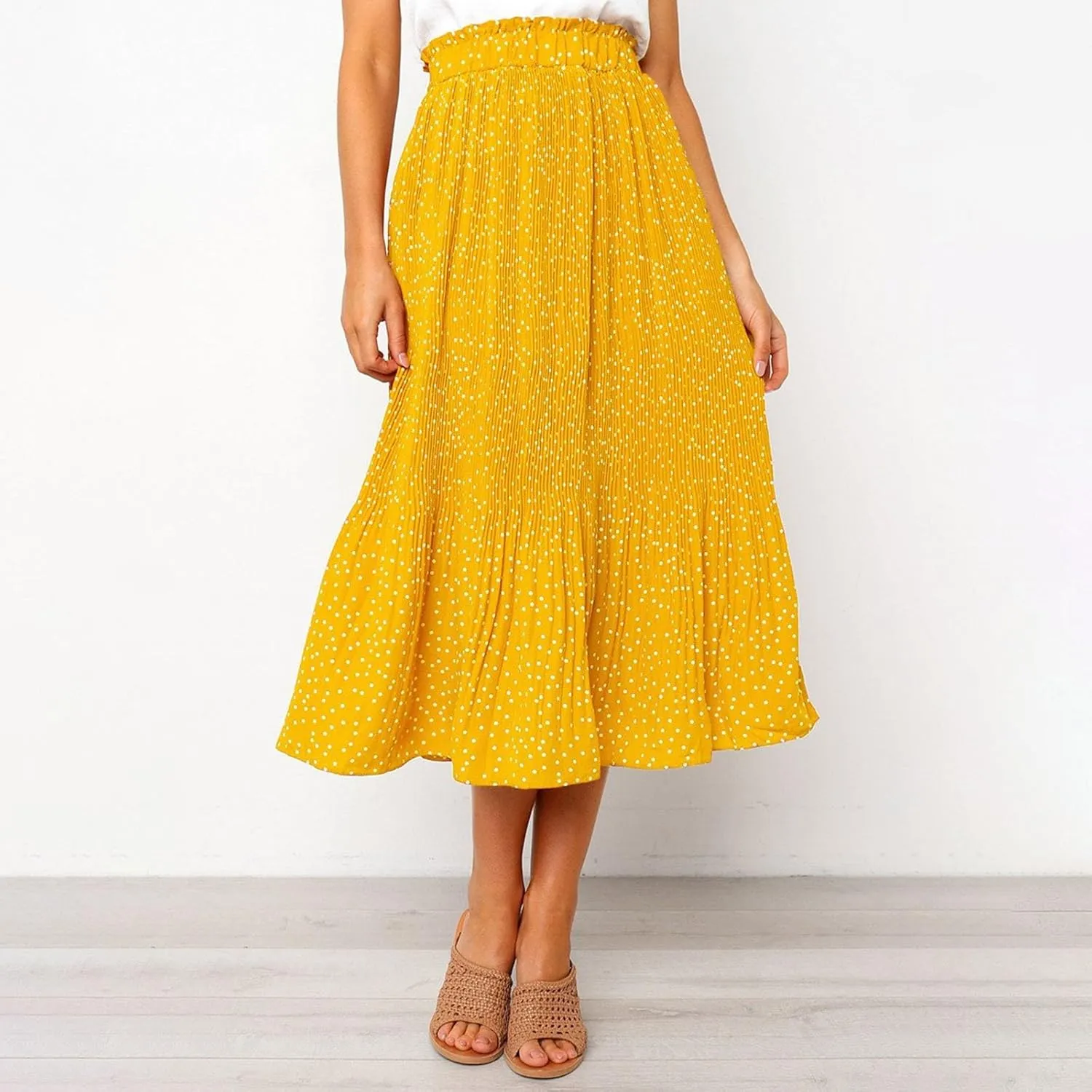 Women's Midi Skirts 2024 Casual High Waist Polka Dot Pleated Skirt Boho A-Line Flowy Skirt with Pockets