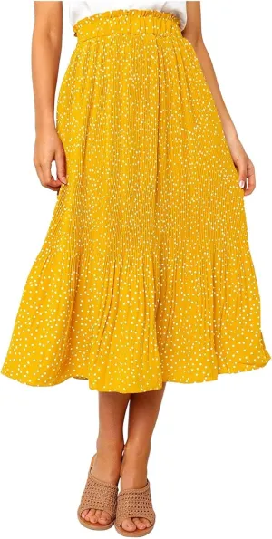 Women's Midi Skirts 2024 Casual High Waist Polka Dot Pleated Skirt Boho A-Line Flowy Skirt with Pockets