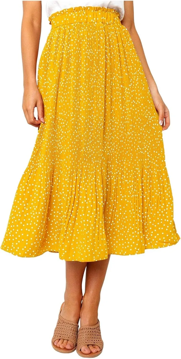 Women's Midi Skirts 2024 Casual High Waist Polka Dot Pleated Skirt Boho A-Line Flowy Skirt with Pockets