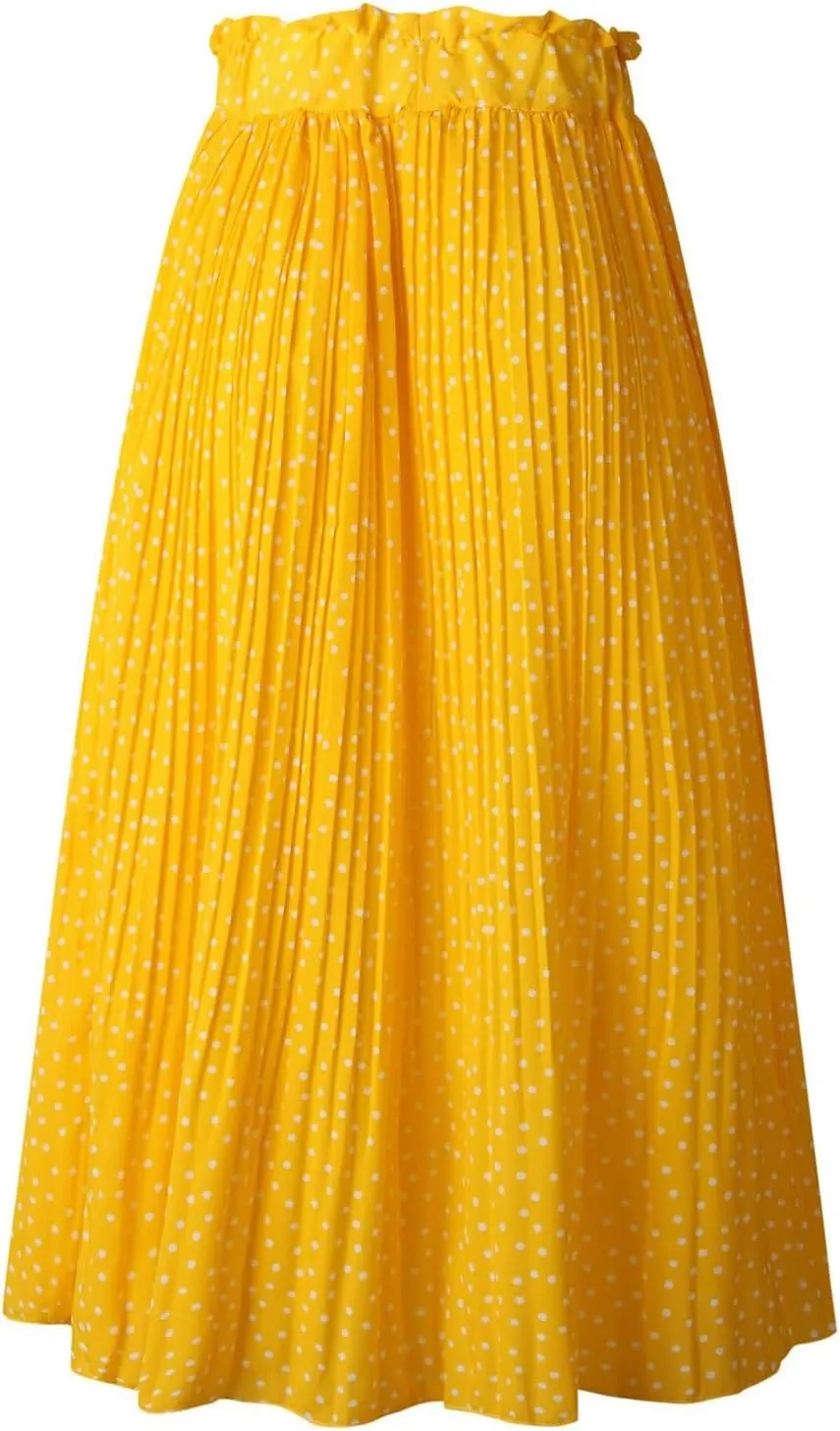 Women's Midi Skirts 2024 Casual High Waist Polka Dot Pleated Skirt Boho A-Line Flowy Skirt with Pockets