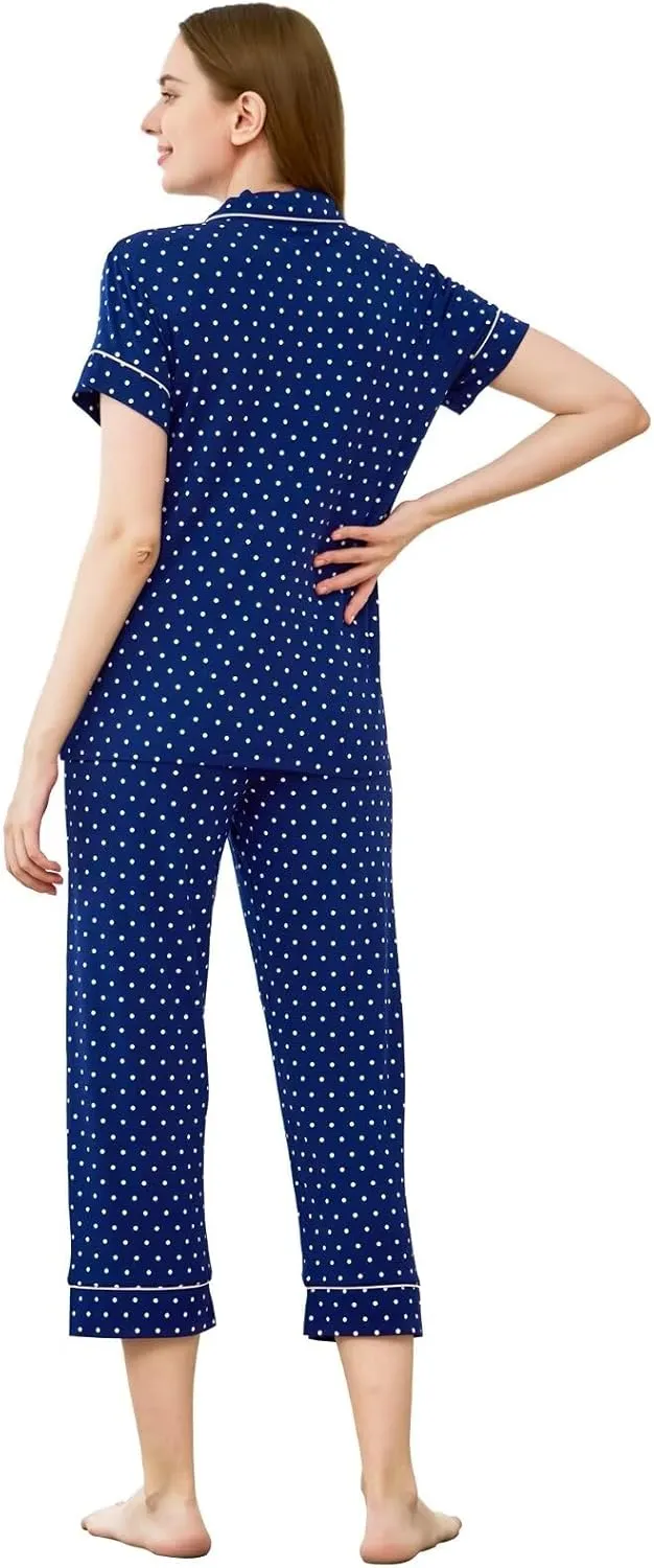Women's Pajamas Sets 2 Piece Womens Short Sleeve Capri Pants Pajama Sets Tencel Rayon Cotton Pj Sets S-3XL