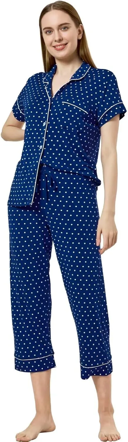 Women's Pajamas Sets 2 Piece Womens Short Sleeve Capri Pants Pajama Sets Tencel Rayon Cotton Pj Sets S-3XL