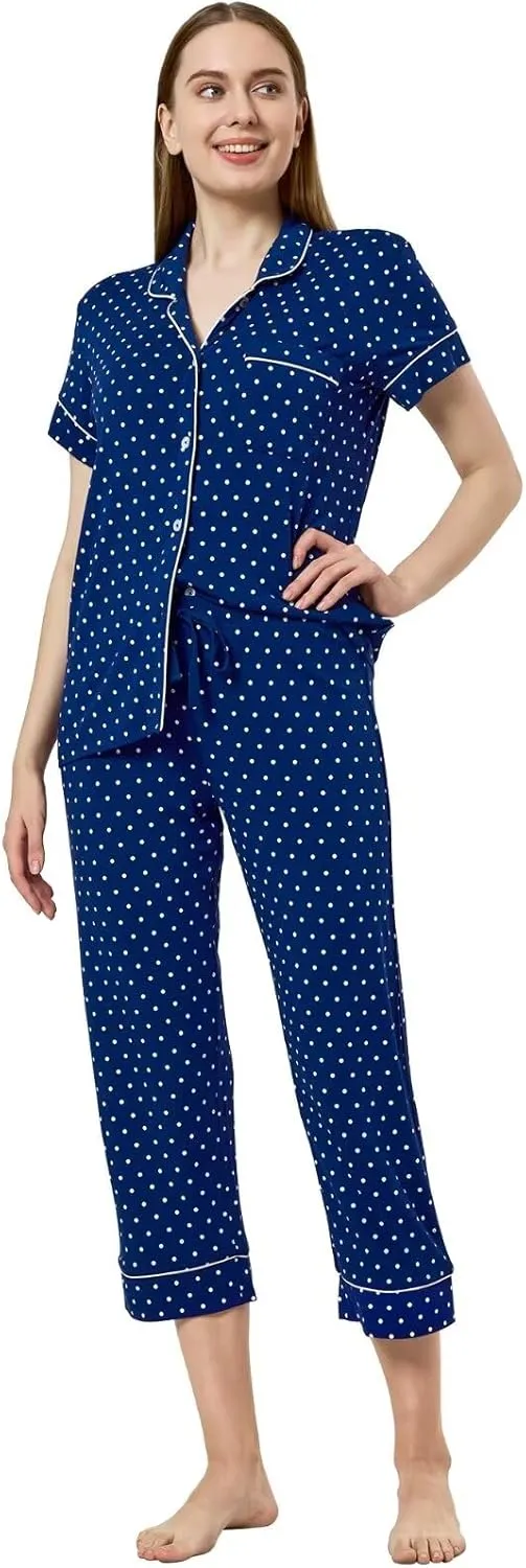 Women's Pajamas Sets 2 Piece Womens Short Sleeve Capri Pants Pajama Sets Tencel Rayon Cotton Pj Sets S-3XL