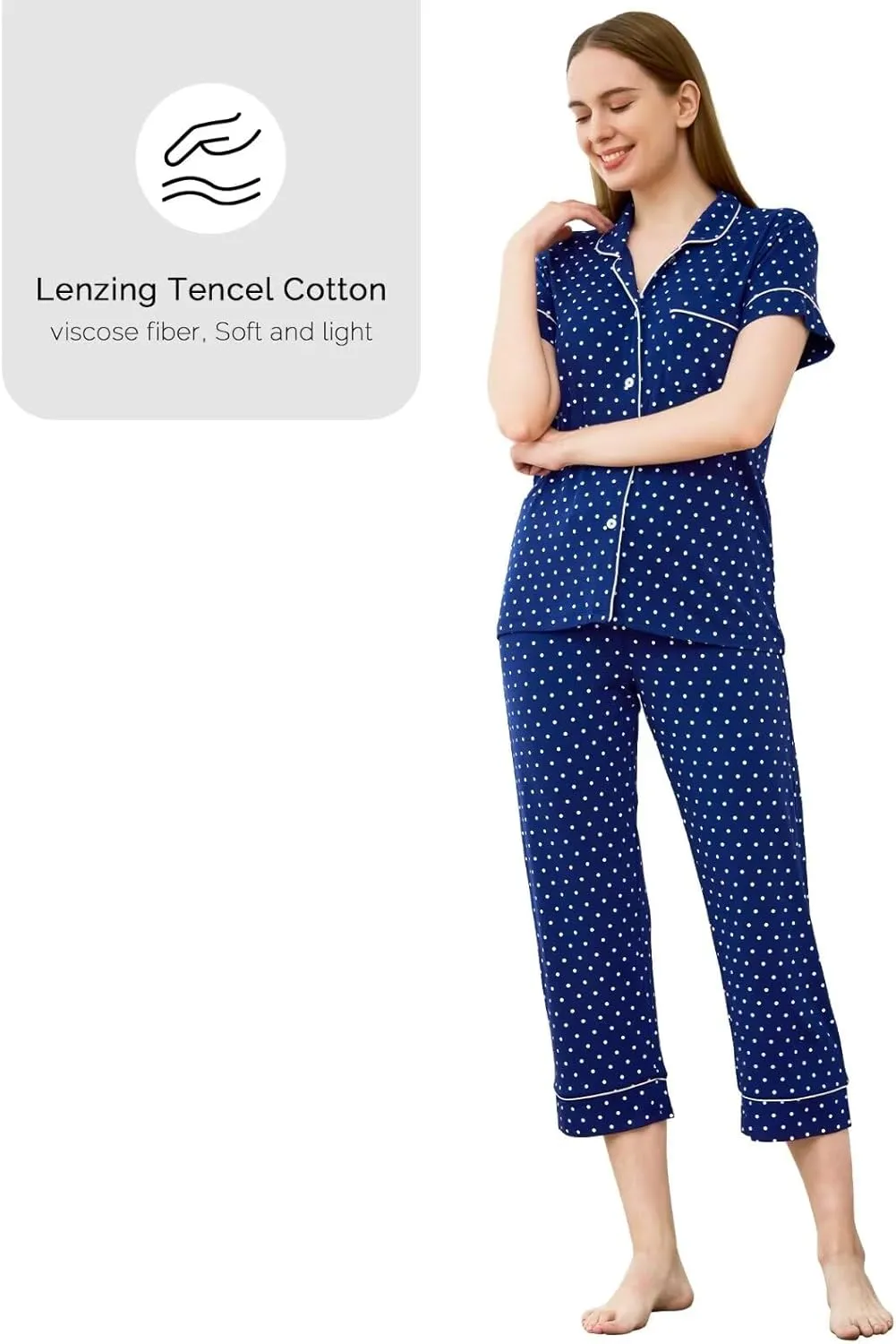 Women's Pajamas Sets 2 Piece Womens Short Sleeve Capri Pants Pajama Sets Tencel Rayon Cotton Pj Sets S-3XL