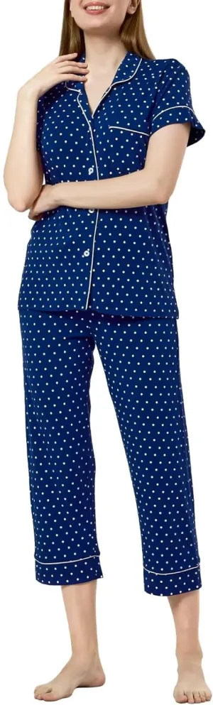 Women's Pajamas Sets 2 Piece Womens Short Sleeve Capri Pants Pajama Sets Tencel Rayon Cotton Pj Sets S-3XL