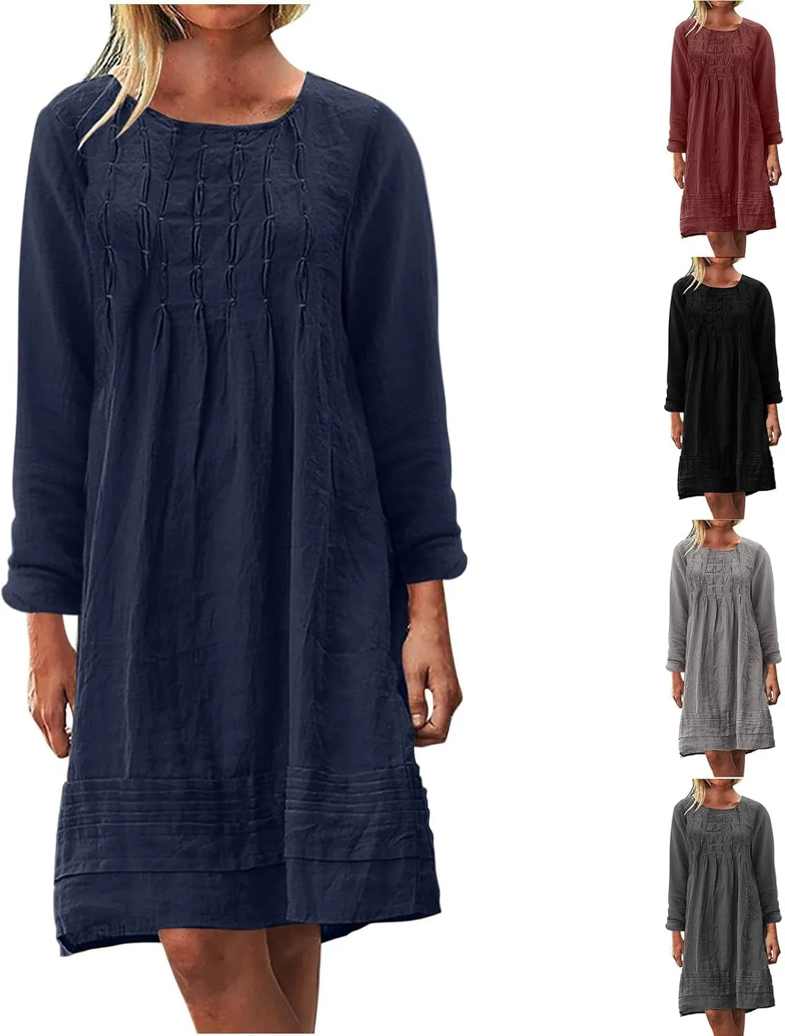 Women's Plain Cotton Linen Dresses Long Sleeve Knee-Length Peasant Dress Boho Plus Size Loose Fit Pleated Midi Dress