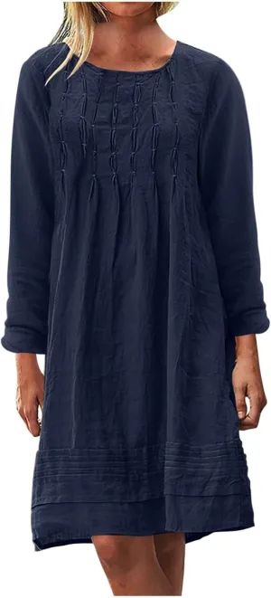Women's Plain Cotton Linen Dresses Long Sleeve Knee-Length Peasant Dress Boho Plus Size Loose Fit Pleated Midi Dress