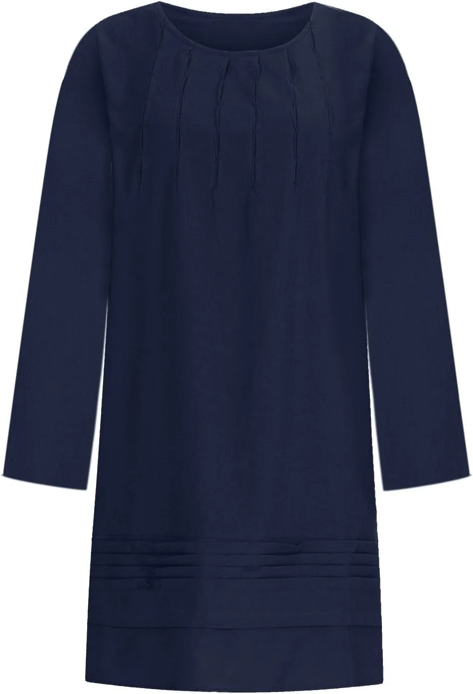Women's Plain Cotton Linen Dresses Long Sleeve Knee-Length Peasant Dress Boho Plus Size Loose Fit Pleated Midi Dress