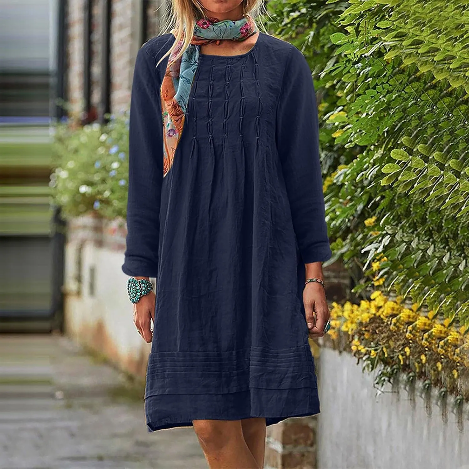 Women's Plain Cotton Linen Dresses Long Sleeve Knee-Length Peasant Dress Boho Plus Size Loose Fit Pleated Midi Dress