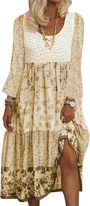 Womens Plus Size Fall Dresses Bohemian Floral Long Sleeve Crewneck Flowy Midi Dress S-5xl