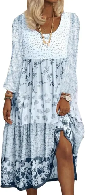 Womens Plus Size Fall Dresses Bohemian Floral Long Sleeve Crewneck Flowy Midi Dress S-5xl